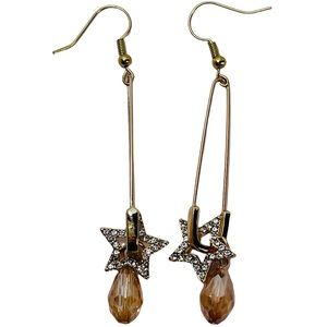 Silver & gold safety-pin rhinestone star pendant earrings NEW